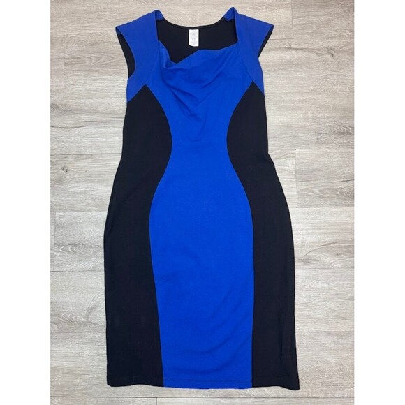 Dresses & Skirts - Blue Black Colorblock Sheath Midi Dress Cowl Neck Cap Sleeve Medium